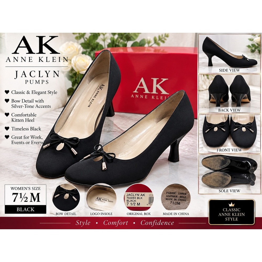 Anne Klein Jaclyn Black Fabric Kitten Heel Pumps Bow Detail 7.5M 703093 BLK